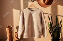 Beige crewneck sweatshirt hanging with boots and hat Product Image 1