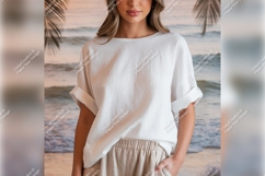 Woman In White Tshirt Mockup On Beach Product Image 1