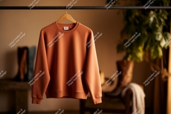 Orange sweatshirt hanging on rack clothing garment Product Image 1