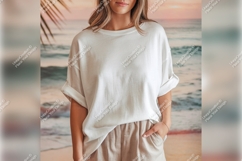 Woman In White Tshirt Mockup Beach Scene Product Image 1