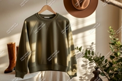 Olive green raglan sweatshirt hanging garment Product Image 1