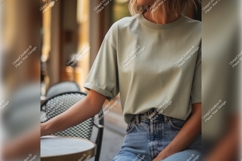 Woman Wearing Plain Tshirt Mockup Outdoors Cafe Product Image 1