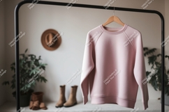 Pink sweatshirt hanging on rack clothing hanger Product Image 1