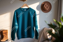 Teal sweatshirt hanging on wooden hanger clothing apparel Product Image 1