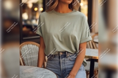 Woman In Green Tshirt Mockup And Jeans Product Image 1