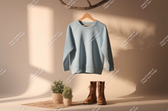 Light blue sweatshirt hanging on branch clothing hanger Product Image 1