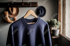Dark blue sweatshirt hanging on wooden hanger garment Product Image 1