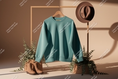 Teal sweatshirt brown hat tan boots greenery image Product Image 1