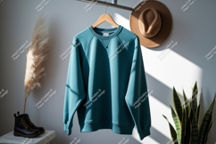 Teal raglan sweatshirt hanging indoors garment clothing Product Image 1