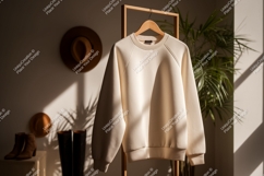 Cream sweatshirt hanging on wooden rack clothing garment Product Image 1