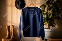 Dark blue crewneck sweatshirt hanging garment Product Image 1