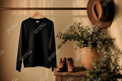Black sweatshirt hanging on rack with boots Product Image 1