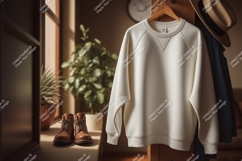 Cream sweatshirt hanging with hat and boots mockup Product Image 1