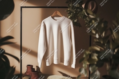 Creamy sweater on hanger with plants beige clothing Product Image 1