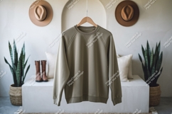 Khaki sweatshirt hanging indoors mockup Product Image 1