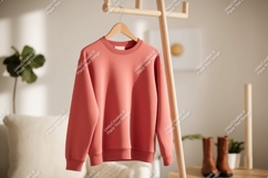 Coral sweatshirt hanging on wooden rack garment apparel Product Image 1