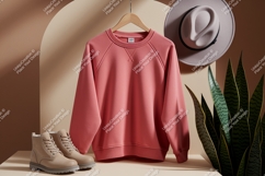 Pink sweatshirt beige boots grey hat snake plant image Product Image 1