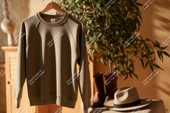 Tan sweatshirt hanging with hat and boots beige brown Product Image 1