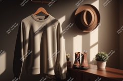Beige sweatshirt hanging with hat boots plant wooden Product Image 1