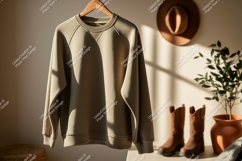 Beige sweatshirt hanging on wooden hanger clothing Product Image 1