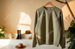 Sage green sweatshirt hanging on branch clothing apparel Product Image 1