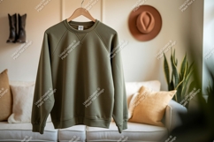 Olive green sweatshirt hanging indoors raglan stitching Product Image 1