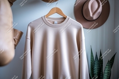 Cream sweatshirt hanging on wooden hanger clothing Product Image 1