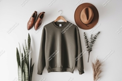 Olive green sweatshirt brown hat leather boots mockup Product Image 1