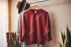 Red sweatshirt hanging on rack clothing apparel Product Image 1