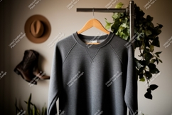 Dark grey sweatshirt hanging on rack raglan garment Product Image 1