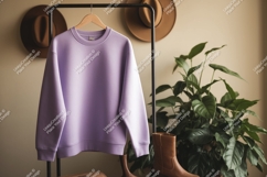 Lavender sweatshirt hanging on rack with hats and plant Product Image 1