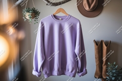 Lavender sweatshirt hanging with boots and hat mockup Product Image 1