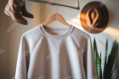 Light gray sweatshirt hanging on rack clothing apparel Product Image 1