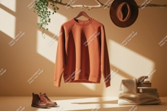 Terracotta sweatshirt hanging with hat and boots brown Product Image 1