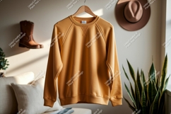 Mustard yellow raglan sweatshirt hanging garment Product Image 1