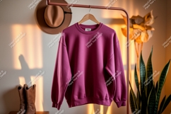 Magenta sweatshirt hanging on rack clothing apparel Product Image 1