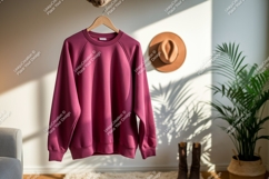 Maroon sweatshirt hanging indoors raglan sleeve Product Image 1
