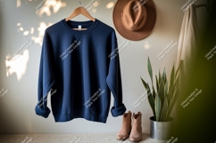 Navy blue sweatshirt hanging with hat boots and plant Product Image 1