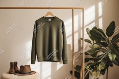 Olive green sweatshirt hanging on rack with boots and hat Product Image 1