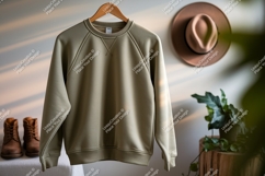 Khaki sweatshirt hanging on wooden hanger garment clothing Product Image 1