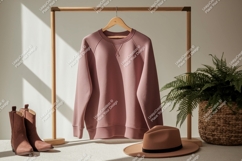 Dusty rose sweatshirt cowboy boots fedora plant clothing Product Image 1