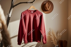 Red sweatshirt hanging on branch with hat clothing Product Image 1