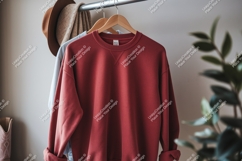 Crimson sweatshirt hanging with hat mockup apparel Product Image 1
