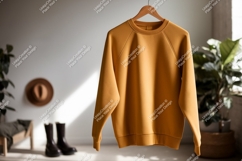 Mustard yellow sweatshirt hanging indoors mockup clothing Product Image 1