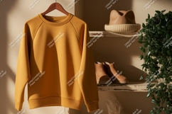 Mustard yellow sweatshirt hanging on rack raglan crewneck Product Image 1