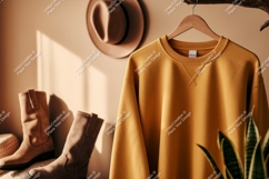 Mustard yellow sweatshirt hanging with boots and hat Product Image 1