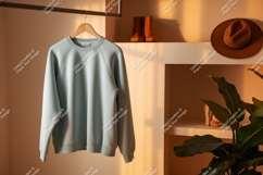 Light blue sweatshirt hanging on rack garment clothing Product Image 1