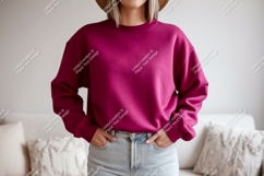 Magenta crewneck sweatshirt light wash jeans denim Product Image 1