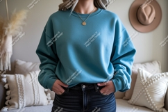 Teal crewneck sweatshirt with gold necklace image Product Image 1