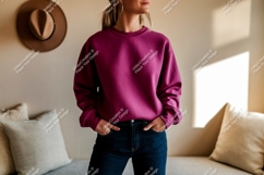 Woman wearing magenta sweatshirt denim jeans Product Image 1